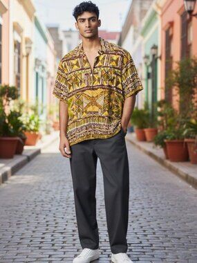 Napili Men's Hawaiian Shirt Vintage 60s Barkcloth Tiki Tribal Front Zip Size S